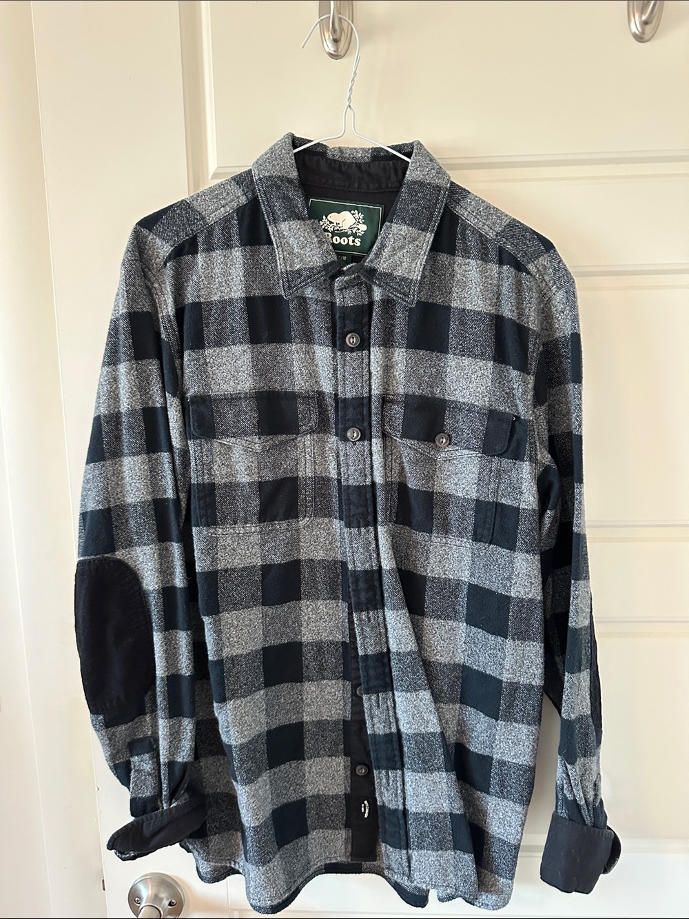 Roots Black and Gray Plaid Flannel Button-Up Shirt